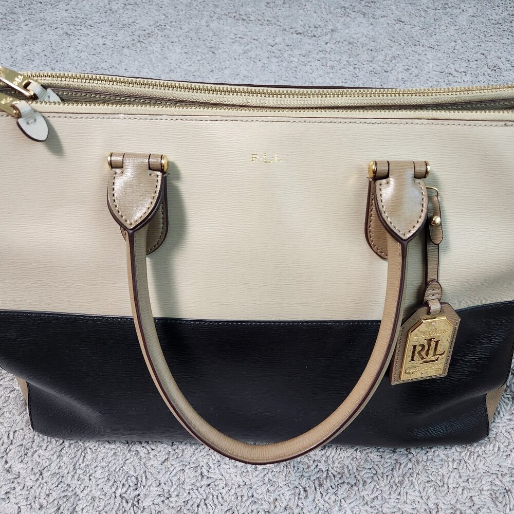 Lauren Ralph Lauren Two-Tone Leather Satchel double zip large